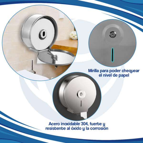 Dispenser Papel Higiénico Con Tapa Acero Inox Pared Baño - Imagen 3